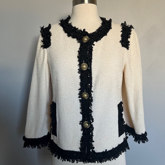 St. John Collection Cream Black Applique Knit Crepe Evening Dress Jacket‎ Blazer - Picture 1 of 12
